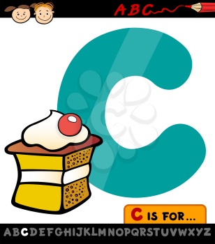 Cartoon Illustration of Capital Letter C from Alphabet with Cake for Children Education