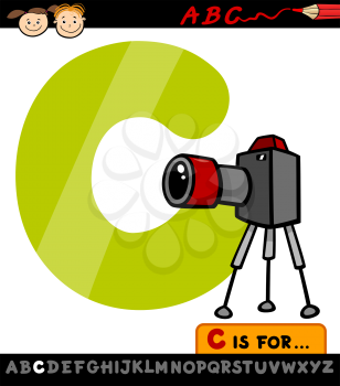Cartoon Illustration of Capital Letter C from Alphabet with Camera for Children Education