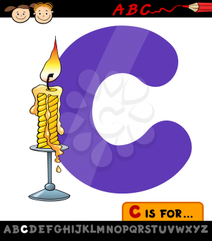 Cartoon Illustration of Capital Letter C from Alphabet with Candle for Children Education