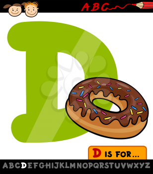 Cartoon Illustration of Capital Letter D from Alphabet with Donut for Children Education