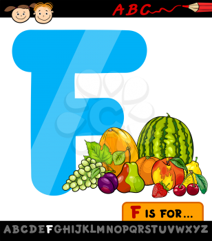Cartoon Illustration of Capital Letter F from Alphabet with Fruits for Children Education