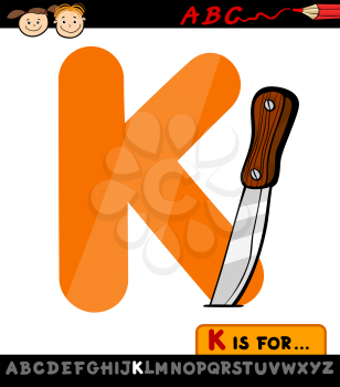 Cartoon Illustration of Capital Letter K from Alphabet with Knife for Children Education