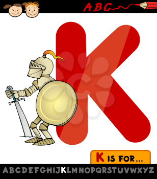 Cartoon Illustration of Capital Letter K from Alphabet with Knight for Children Education