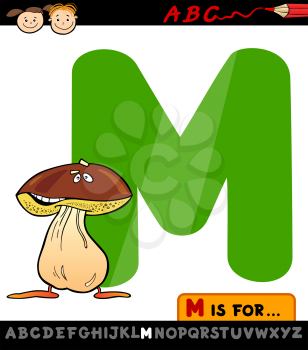 Cartoon Illustration of Capital Letter M from Alphabet with Mushroom for Children Education