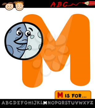 Cartoon Illustration of Capital Letter M from Alphabet with Moon for Children Education