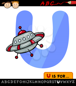 Cartoon Illustration of Capital Letter U from Alphabet with Ufo for Children Education