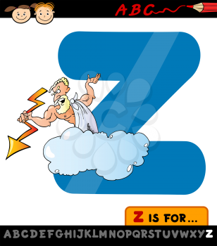 Cartoon Illustration of Capital Letter Z from Alphabet with Zeus for Children Education