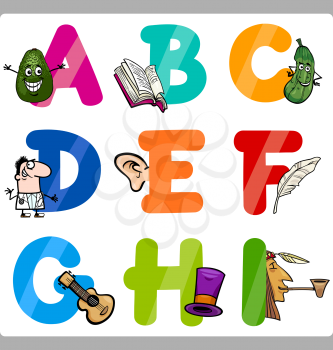 Cartoon Illustration of Funny Capital Letters Alphabet with Objects for Language and Vocabulary Education for Children from A to I