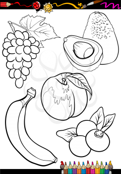 Coloring Book or Page Cartoon Illustration of Black and White Fruits Food Objects Set