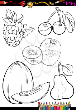 Coloring Book or Page Cartoon Illustration of Different Black and White Fruits Food Objects Set