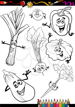 Coloring Book or Page Cartoon Illustration of Black and White Vegetables Food Comic Characters Set