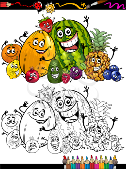 Coloring Book or Page Cartoon Illustration of Funny Fruits Comic Food Characters Group for Children Education
