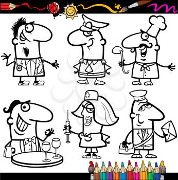 Coloring Book or Page Cartoon Illustration of Black and White Professional People Occupations Comic Characters Set for Children Education