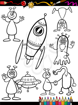 Coloring Book or Page Cartoon Illustration Set of Black and White Fantasy Aliens or Martians Ufo Comic Mascot Characters for Children