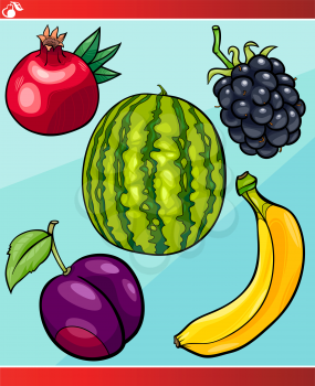 Cartoon Illustration of Fruits Vegetarian Food Object Set