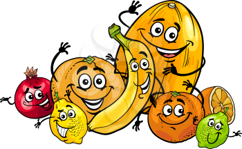 Cartoon Illustration of Funny Citrus and Tropical Fruits Food Characters Group