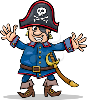 Cartoon Illustration of Funny Pirate or Corsair Captain with Eye Patch and Jolly Roger