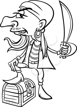 Black and White Cartoon Illustration of Funny Pirate or Corsair with Sword and Treasure for Coloring Book for Children