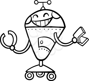 Black and White Cartoon Illustration of Happy Robot or Droid for Children to Coloring Book