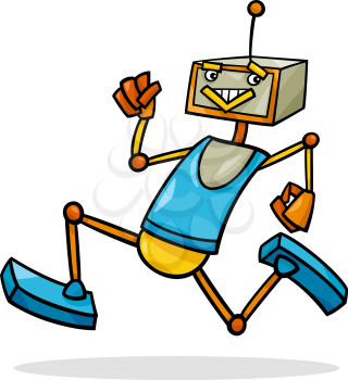Cartoon Illustration of Funny Running Robot or Droid