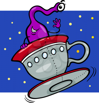 Cartoon Illustration of Funny Alien or Martian Comic Character in Flying Saucer or Spaceship or Ufo