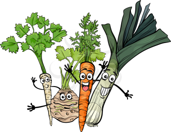 Cartoon Illustration of Happy Soup Vegetables Food Characters Group