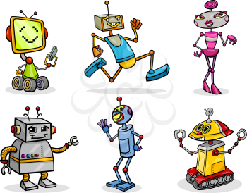 Cartoon Illustration of Funny Robots or Droids Set