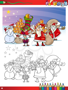 Coloring Book or Page Cartoon Illustration of Themes Set with Santa Claus Group with Christmas Presents and Decorations for Children