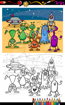 Coloring Book or Page Cartoon Illustrations of Fantasy Aliens or Martians Comic Mascot Characters Group for Children