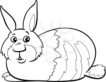 Black and white cartoon illustration of funny lying dwarf rabbit comic animal character coloring book page