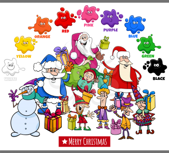 Educational cartoon illustration of basic colors with Christmas holiday characters group