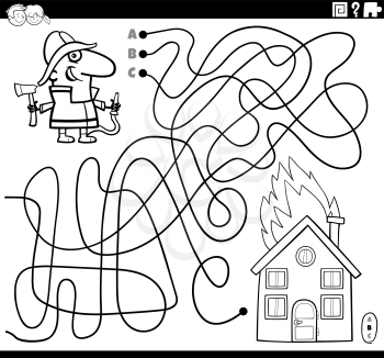 Black and white cartoon illustration of lines maze puzzle game with firefighter character and burning house coloring book page