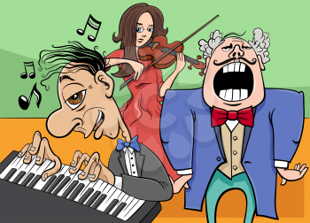Cartoon illustration of comic musicians band playing a concert