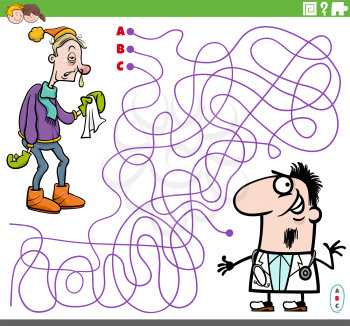 Cartoon illustration of lines maze puzzle game with doctor character and sick guy