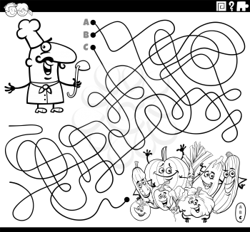 Black and white cartoon illustration of lines maze puzzle game with chef character and vegetables coloring book page
