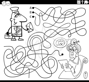 Black and white cartoon illustration of lines maze puzzle game with postman character and senior woman coloring book page