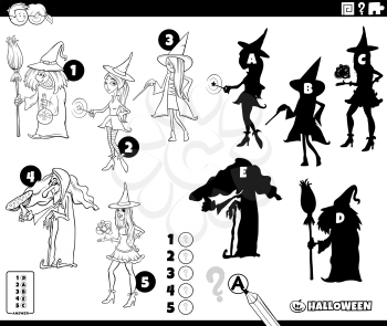 Black and white cartoon illustration of finding the right shadows to the pictures educational game for children with witches Halloween characters coloring book page