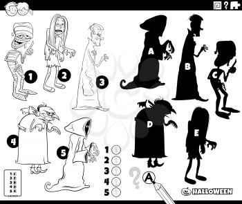 Black and white cartoon illustration of finding the right shadows to the pictures educational game for children with spooky Halloween characters coloring book page