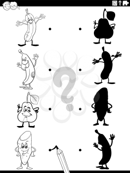 Black and white cartoon illustration of match the right shadows with pictures educational game with fruit and vegetable characters coloring book page