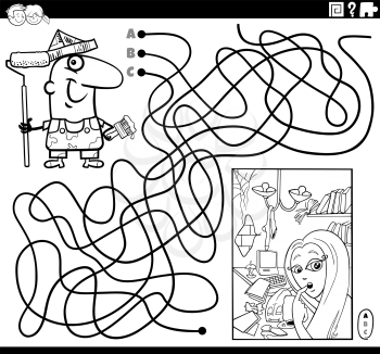 Black and white cartoon illustration of lines maze puzzle game with painter character and apartment for renovation coloring book page