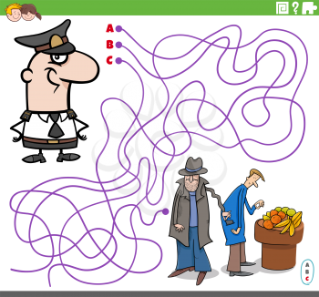 Cartoon illustration of lines maze puzzle game with policeman character and thief