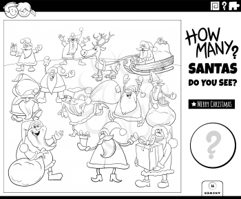 Black and white illustration of educational counting game for children with cartoon Santa Claus characters group on Christmas time coloring book page