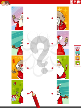 Cartoon illustration of educational game of matching halves of pictures with Santa Claus characters on Christmas time