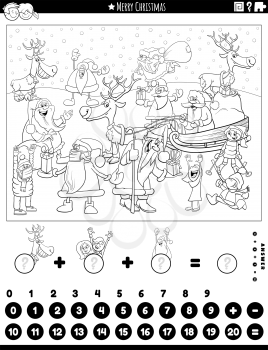 Black and white cartoon illustration of educational mathematical counting and addition game for children with Christmas characters coloring book page