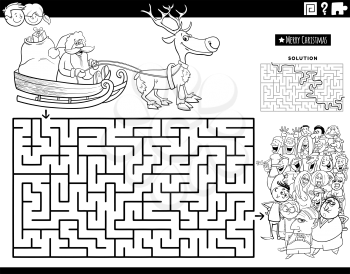 Black and white cartoon illustration of educational maze puzzle game with Santa Claus on sleigh with Christmas presents and people crowd coloring book page