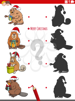 Cartoon illustration of match the right shadows with pictures educational game with animal characters on Christmas time
