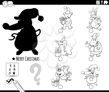 Black and white cartoon illustration of finding the right picture to the shadow educational task for children with animals characters on Christmas time coloring book page