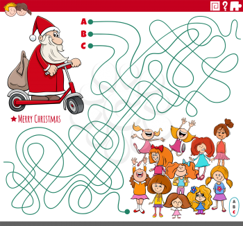 Cartoon illustration of lines maze puzzle game with Santa Claus character on scooter and children group on Christmas time