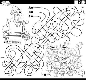 Black and white cartoon illustration of lines maze puzzle game with Santa Claus character on scooter and children group on Christmas time coloring book page