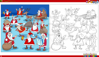 Cartoon illustration of Santa Claus characters on Christmas time coloring book page